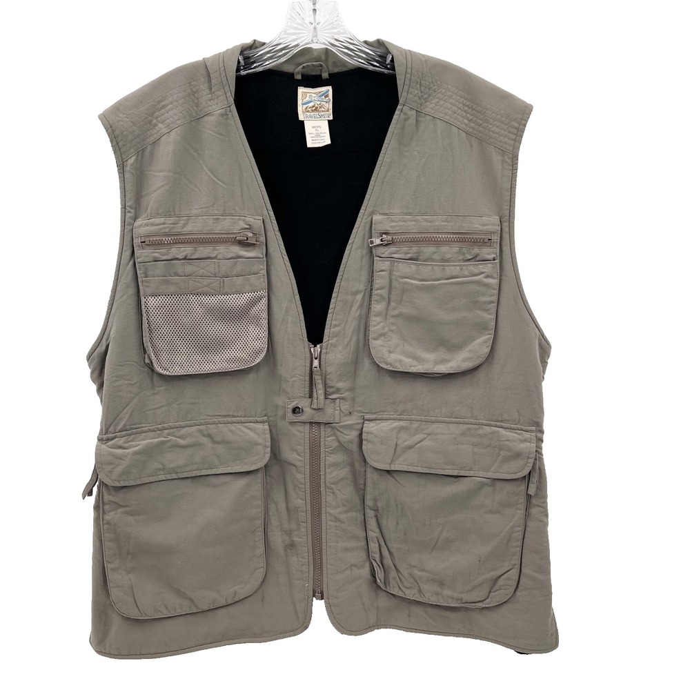 TRAVELSMITH Men's XL Sage Green Fleece-Lined Zip-Up Utility Vest Hiking Fishing